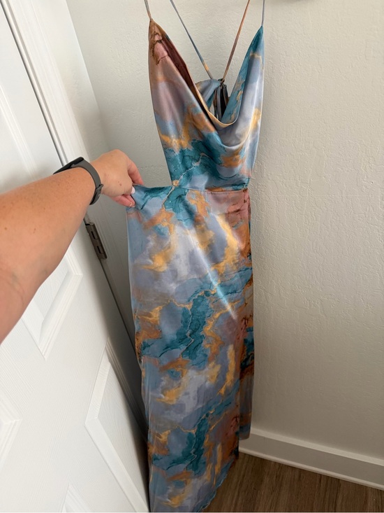 12th Tribe Dresses & Skirts - 12th Tribe Satin Cowl Slip Dress in Teal, Gold & Gray Marble